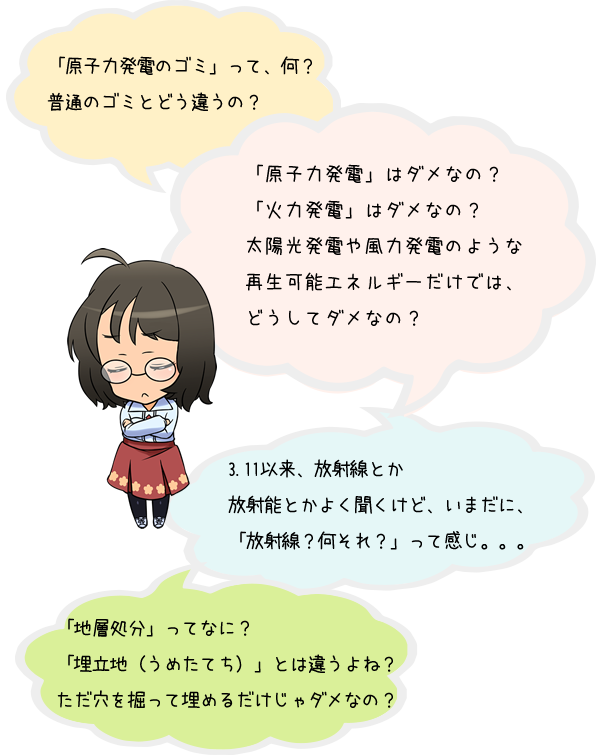 「原子力発電のゴミ」って、何？普通のゴミとどう違うの？「原子力発電」はダメなの？「火力発電」はダメなの？太陽光発電や風力発電のような再生可能エネルギーだけでは、どうしてダメなの？3.11*1以来、放射線とか放射能とかよく聞くけど、いまだに、「放射線？　何それ？」って感じ。。。「地層処分」ってなに？　「埋立地（うめたてち）」とは違うよね？　ただ穴を掘って埋めるだけじゃダメなの？